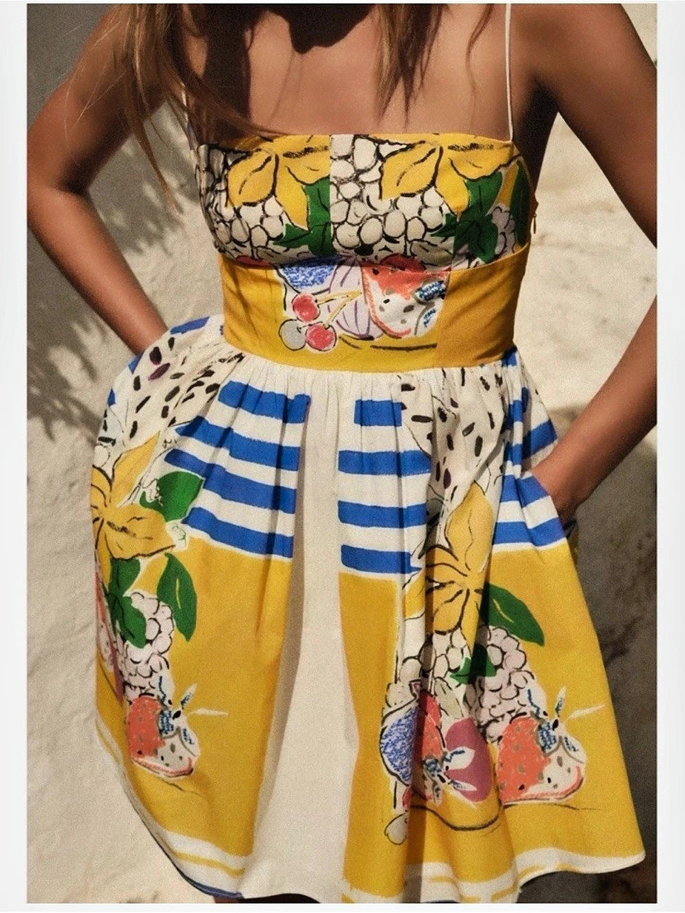 Zara Fruit Print Poplin Dress Floral Mini Yellow & Blue Medium NWT extra small - Picture 3 of 13